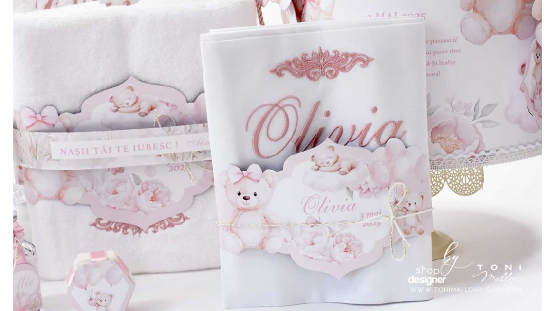 Trusou botez cu ursuleti si flori roz Teddy Bear Baby Girl 19